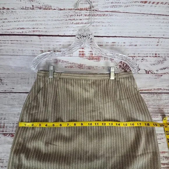 Escade Wool Silk Blend Skirt Sz 10 Tan Chevron Twill Slit Pockets Career Office
